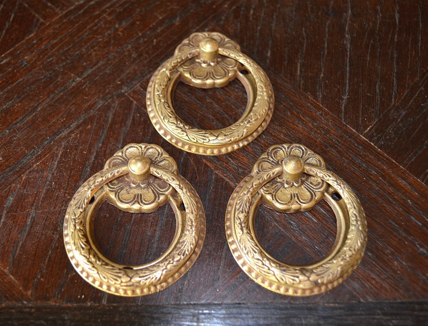 Antique Set of 3 French Brass Ornate Ring Drawer Pulls