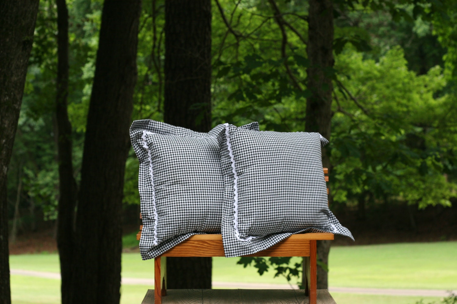 Pair of Vintage Black and White Gingham Pillows / Two Black