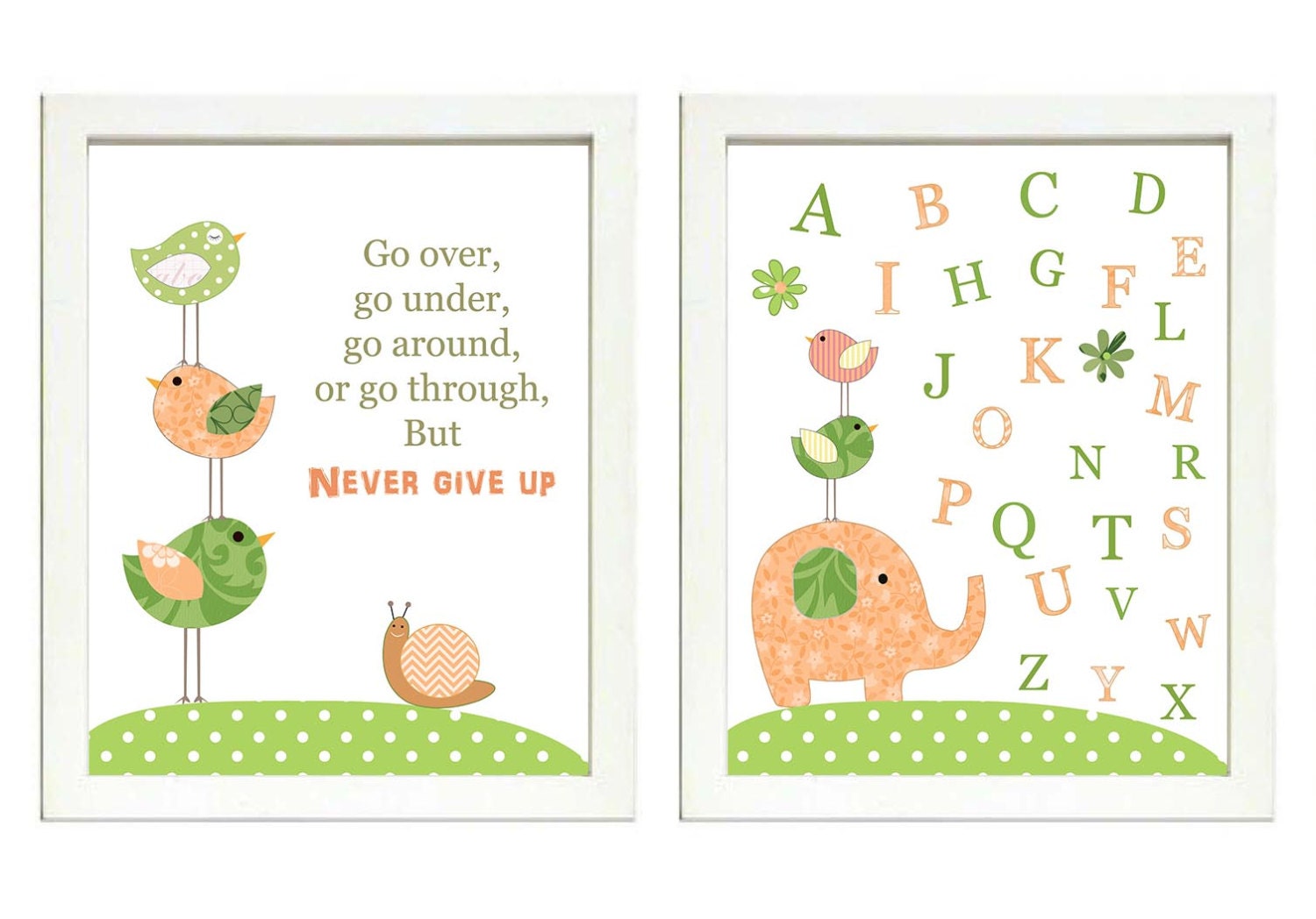 Peach Coral Green Nursery Art Print Set of 2 Elephant Bird Turtle Snail ABC Alphabet Baby Child Kid 