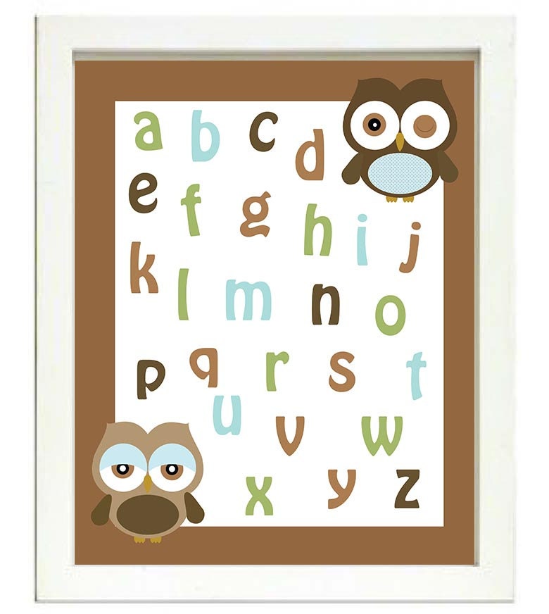 ABC Alphabet Nursery Art Owl Nursery Print Baby Art Animal Blue Green Brown Beige Print Wall Art Gir