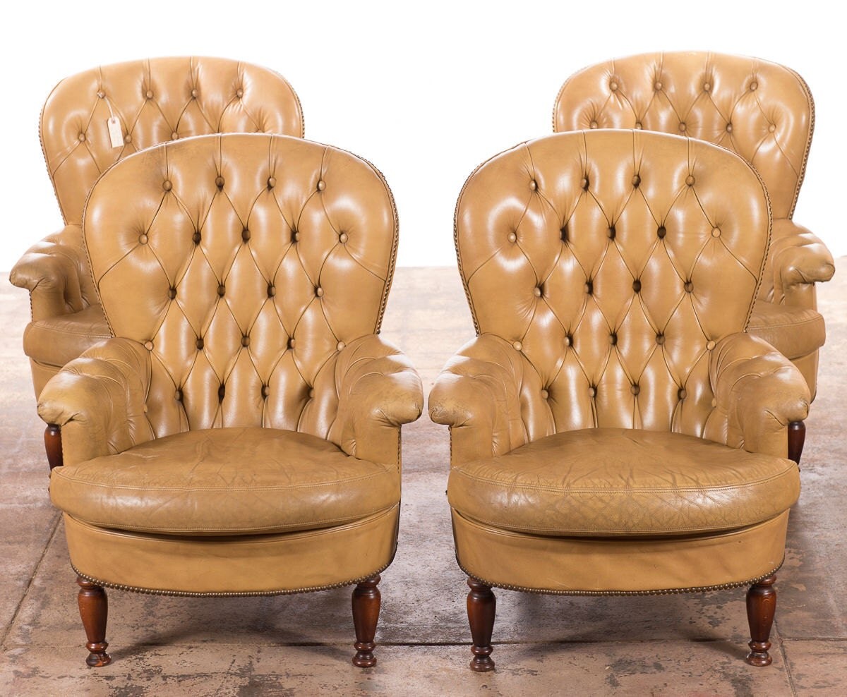 Set Of 4 Victorian Club Chairs W Fabulous Tufted Light Brown Leather   Il Fullxfull.785969906 1g2w 