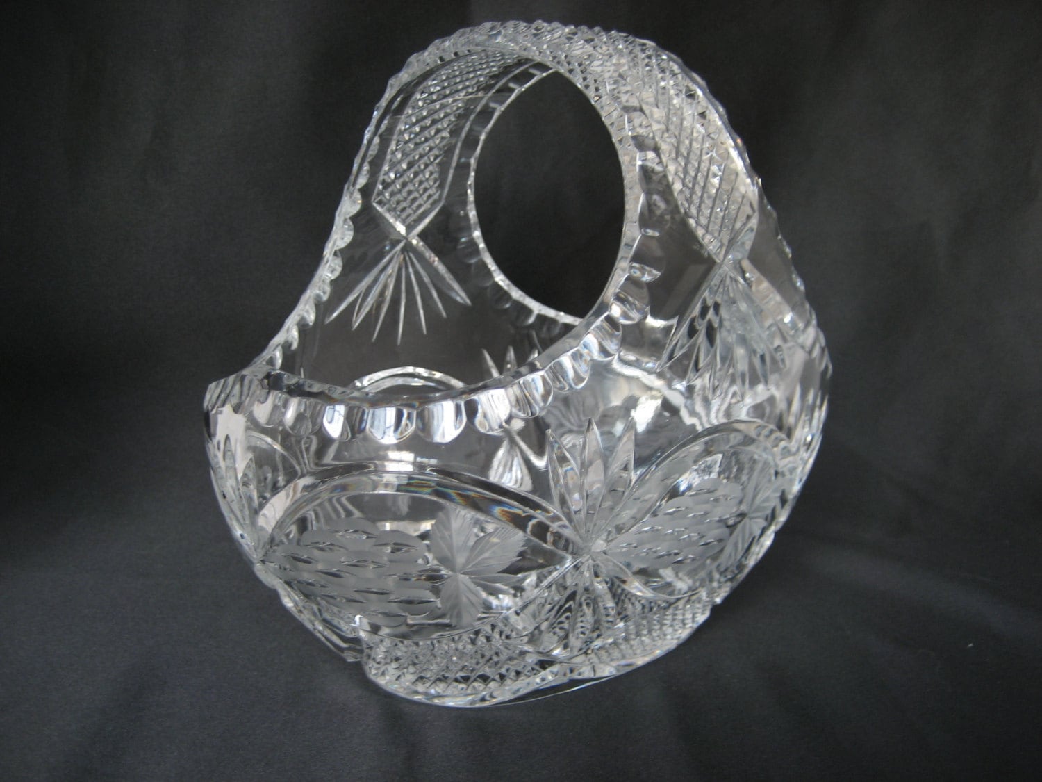 Vintage Crystal Glass Flower Basket Heavy Clear Fruit Basket