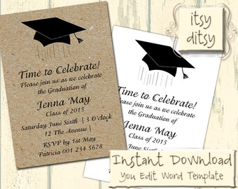 Graduation invitation template with a Mortarboard design - Download, edit & print yourself - Printable invitations Word Instant Download