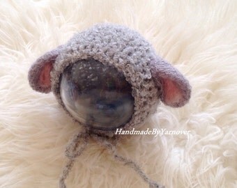 Match size Crochet "Baby Lamb" Bonnet - Newborn Photography Props- Baby Crochet Hat.Sheep hat.