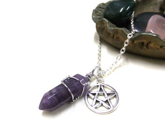 Wire-Wrapped Amethyst Necklace with Pentagram, Healing Point Crystal Quartz,Gemstone,Reiki Chakra Pendant, Pentacle, Protection Necklace