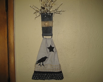 Country Primitive Dish Towel With Cheese Grater Holder Full Of Pip Berries. Kitchen Wall Decoration