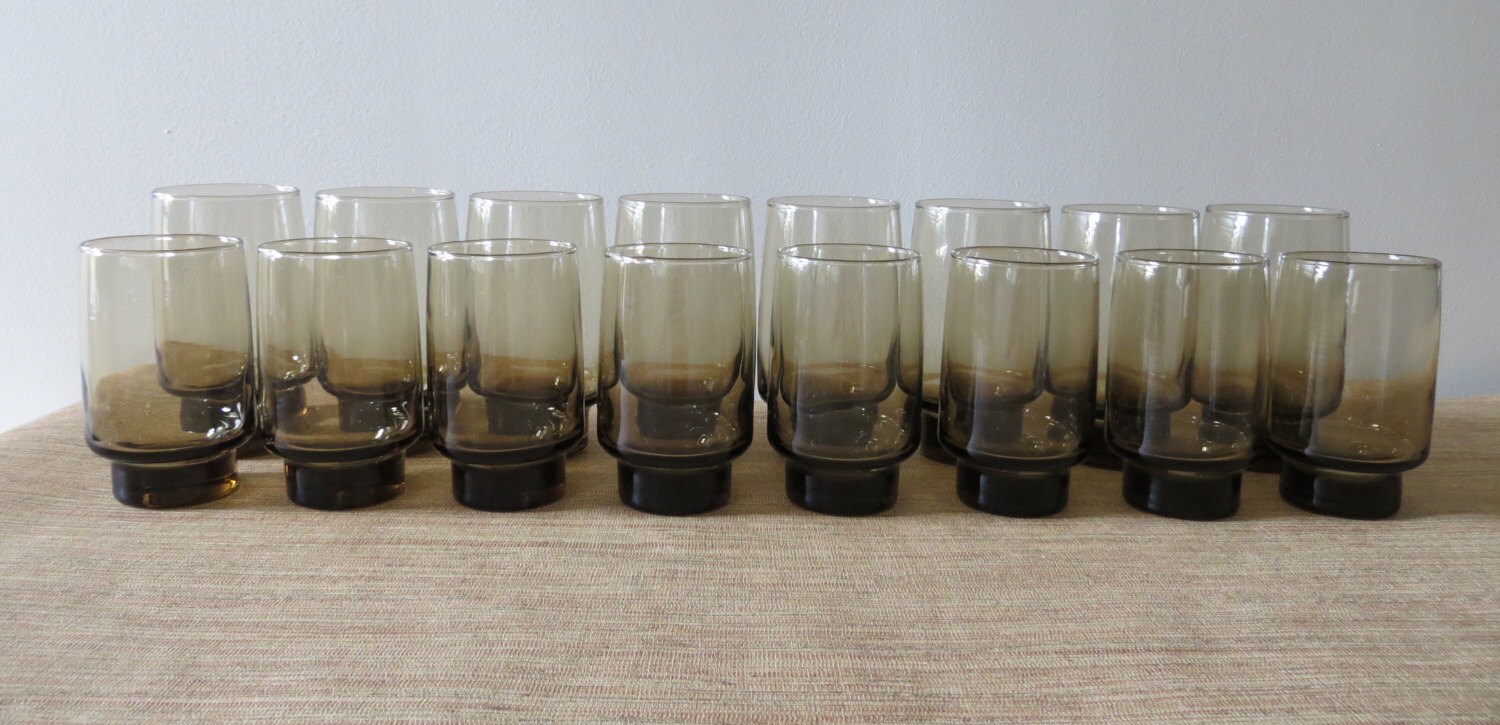 Mid Century Modern Smokey Brown Drinking Glasses Set of 16