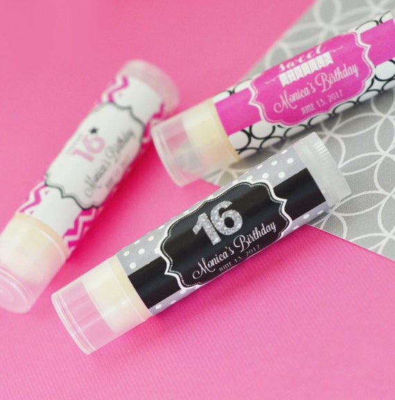 24 Personalized Sweet Sixteen Lip Balm Tubes, Quinceanera Favors, Sweet 16 Favor, Sweet 15 Lip Balm Favors (EB3031S) Il_570xn