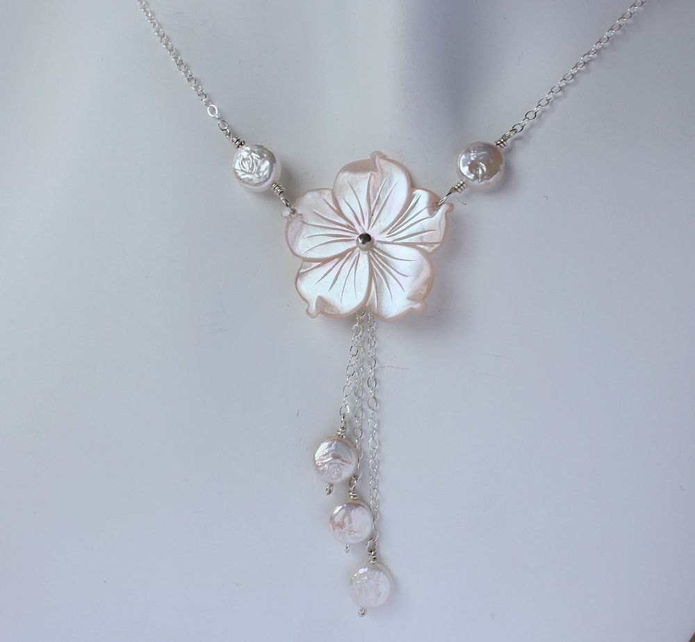 Carved Mother of Pearl Plumeria Necklace with Freshwater Coin