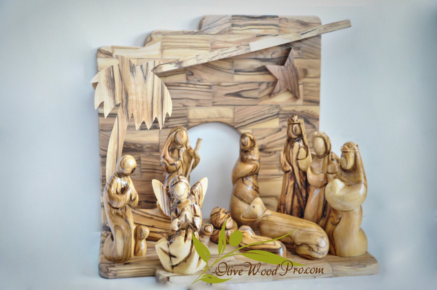 Olive wood nativity carved Christmas tree nativity set holy