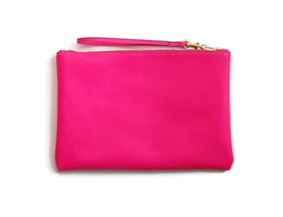Items similar to Neon Pink Leather Clutch with detachable wristlet // Hot pink flat clutch purse ...