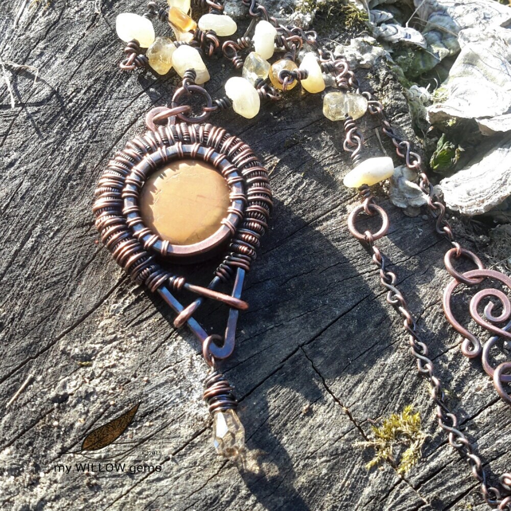 Copper Wire Wrapped Jewelry Yellow Jasper Necklace by MyWillowGems