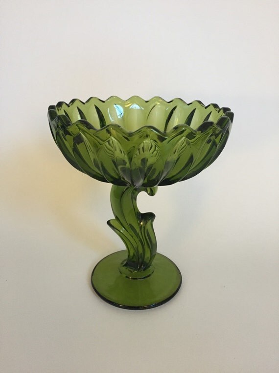 Vintage Green Glass Compote Bowl Lotus Blossom Candy Dish
