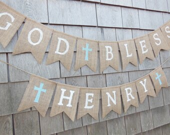 First Communion Banner, Custom Personalized Baptism Banner Garland, God Bless Bunting, First Communion Burlap Garland, Baptism Burlap Banner
