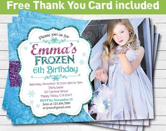 Frozen birthday invitation. girl birthday party invitation. Aqua purple glitter photo card invitation. printable digital file. KB020