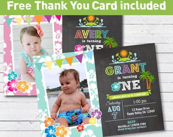 Beach 1st first birthday invitation. boy or girl. Summer pool party. Hawaii theme 3rd 5th printable birthday invitation. KB001