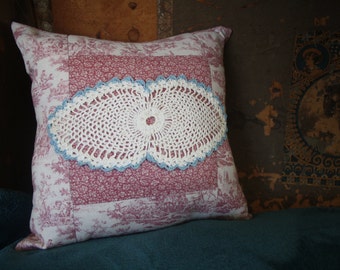 Pink and Blue Patchwork Pattern, Vintage Doily Pillow