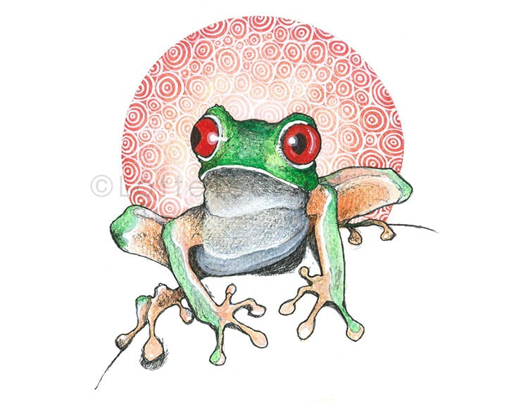 Green frog illustration, red-eyed tree frog, original animal art OOAK  drawing, nursery wall decor, kids room, fantasy figurative animals | Lotte  Teussink ART