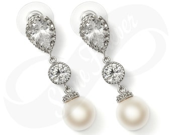 Bridal Pearl Bridesmaid Pearl Earrings Cubic Zirconia 92.5 Swarovski Crystal White Pearl Bridal Jewelry Wedding Gift Jewelry Diamond Look