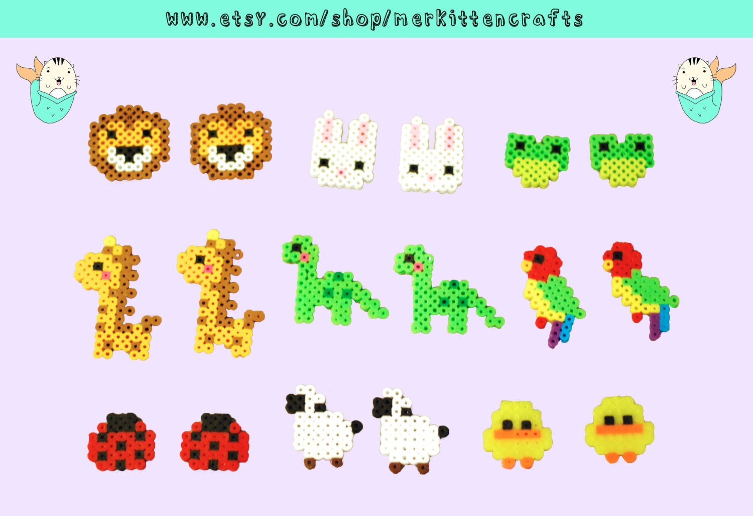 Animal Perler Earrings or Keychain Lion Fox Bunny Frog