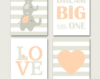 Elephant nursery, grey peach nursery wall art, girls room, elephant printable, pastel peach nursery set, INSTANT DOWNLOAD