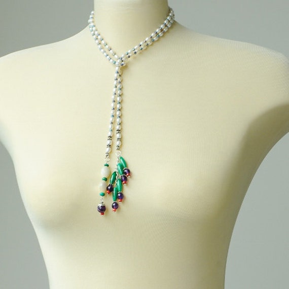 Lariat Pearl Necklace with Gemstone Tassel. by INJIJEWELRY on Etsy