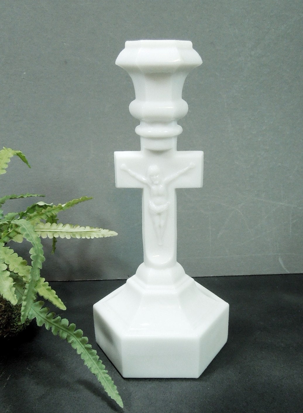 Crucifix Milk glass Candle holder Christ on the Cross