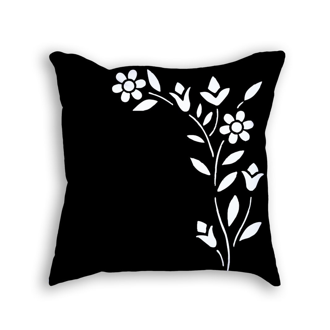 Modern black and white floral throw pillow. by ClearframeGallery