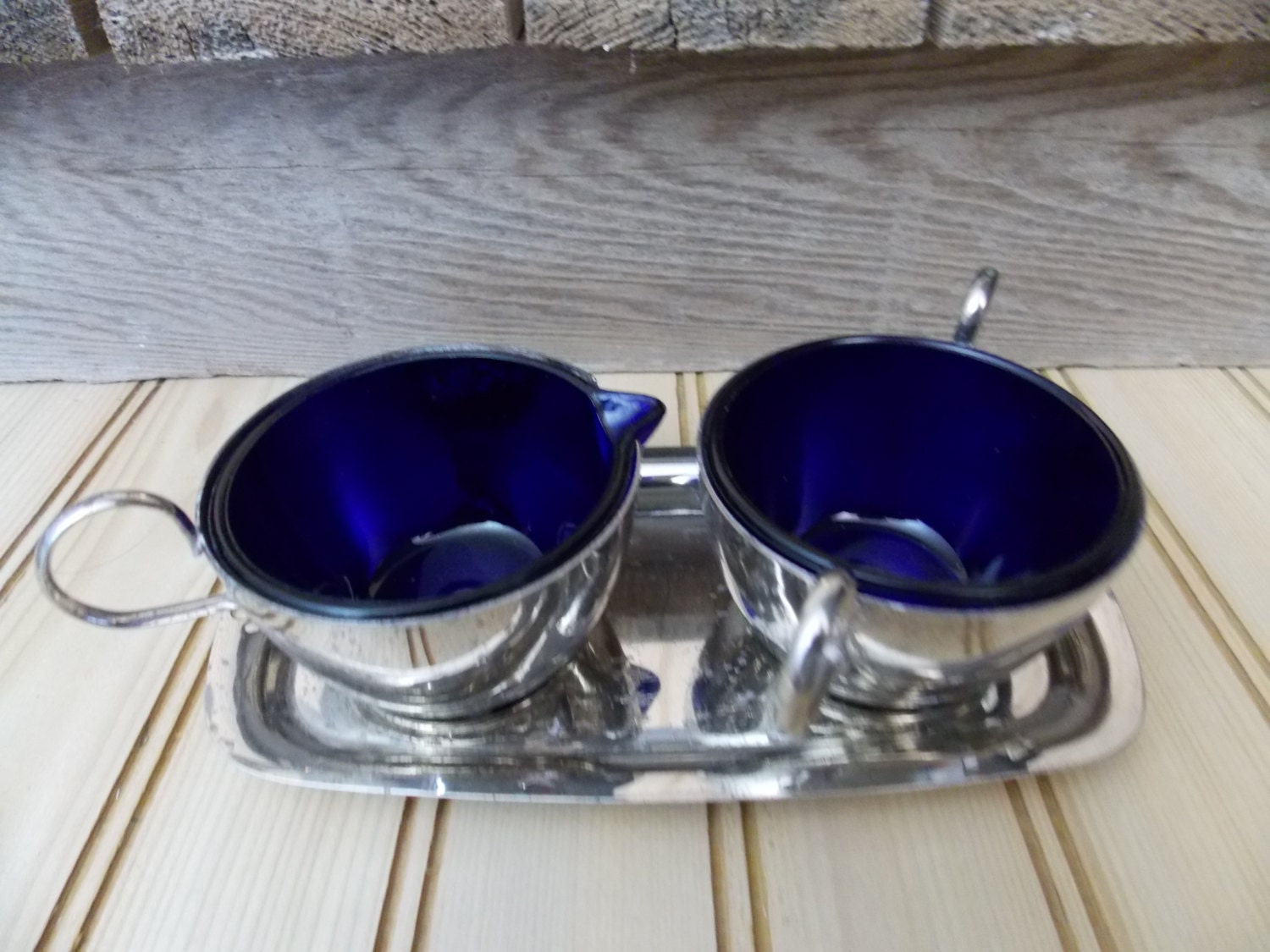 Silver Cobalt Blue Cream & Sugar Set W/Tray Made In England Post 1940’s Haute Juice