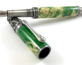 Victorian Fountain Pen - Green Box Elder and Antique Pewter