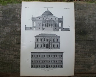 1904 - Roman Architecture Lithograph - Beautiful B&W Plate from Encyclopedia Britannica - Villa Design - Antique Print with Great Detail