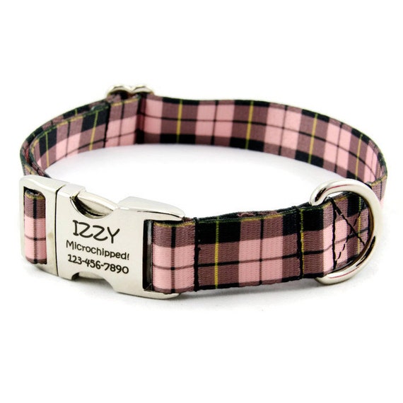 Pink Tartan Dog Collar Personalized Engraved Nameplate Pet