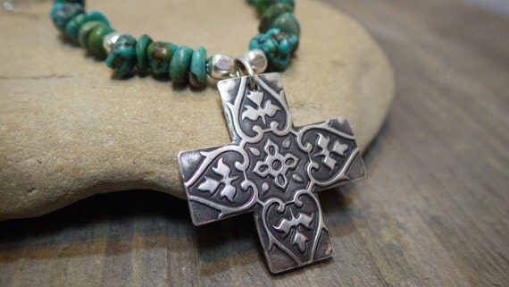 Turquoise Cross Necklace Fine Silver Cross By NaturesImprint