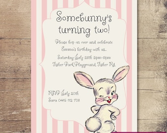 Printable Vintage Bunny Birthday Invitation / Customisable Digital File / JPG or PDF / Pink, Cream