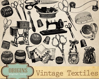 Textile Clip art, Vintage Textiles, Vintage Vectors, Craft Clipart, Scissors, Sewing, Antique Crafts Clip Art, Commercial Use