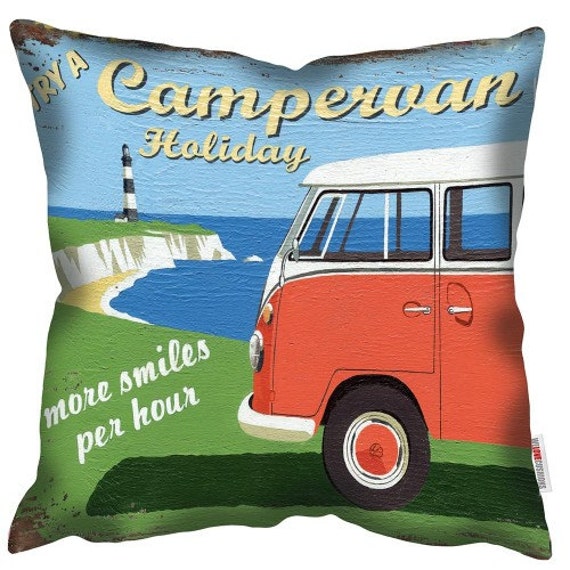 VW Camper More Smiles Retro Motor Cushion by thecushionstudio