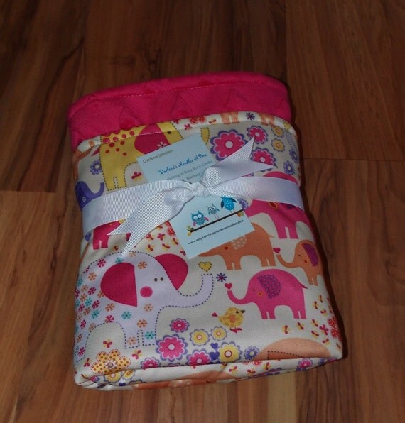 Spring Elephant with Hot Pink Minky Hearts Baby Blanket