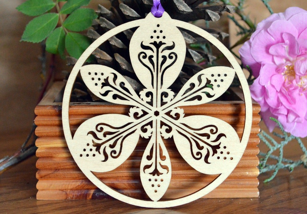 Wood Iris ornament Flower decoration intricately cut Iris