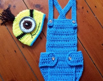 Despicable Me,MINION INSPIRED,crochet minion set,boy photo prop,handmade minion set,baby outfit,photo prop,minion costume,minion hat