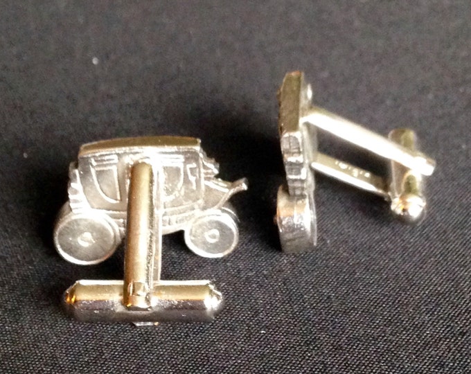 Storewide 25% Off SALE Vintage Men's Hickok Silver Tone Eclectic Wild Western Style Covered Wagon Cuff Link Set Featuring Textured Accents &