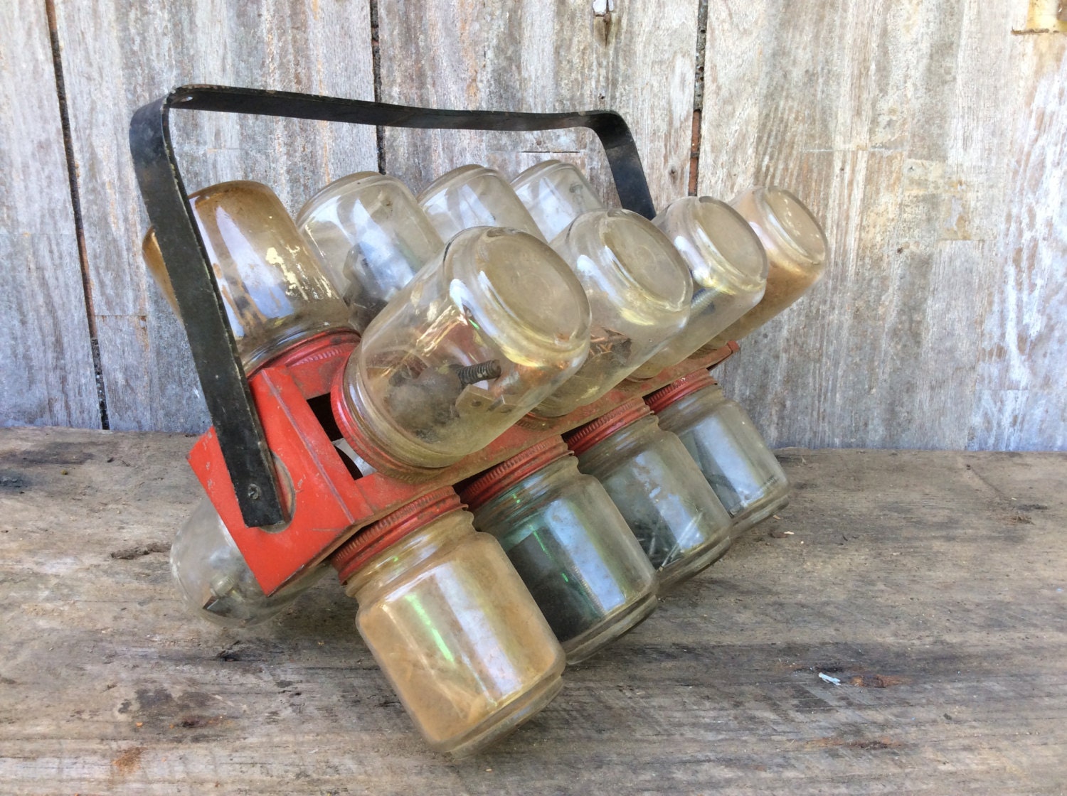 Vintage nuts and bolts spinning organizer with 16 jars Haute Juice