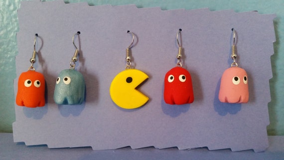 Pac-Man and Ghost Polymer Clay Earrings by MayrieMouseDesigns