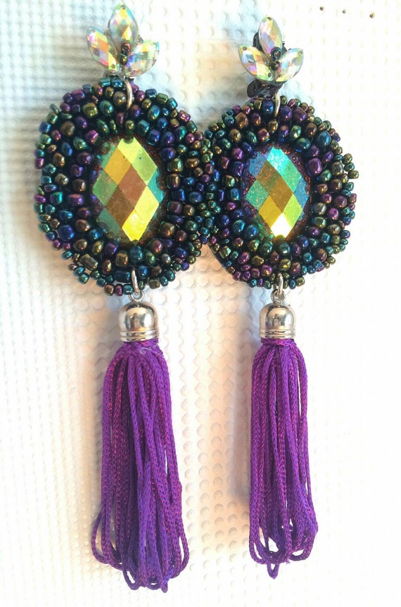 Tassel earrings beaded Purple earrings Ab crystal earrings