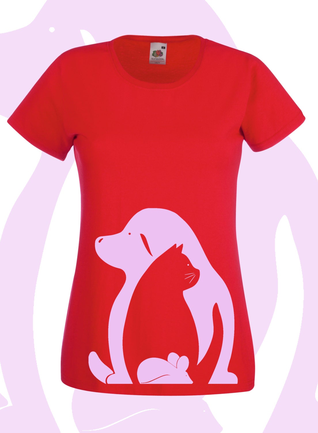 Animal shirt. Red womens graphic art tee for vegans or