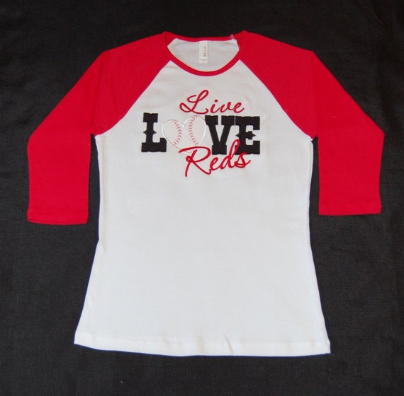 Ladies Live Love Reds 3/4 Sleeve Baseball by MDDesignsBoutique