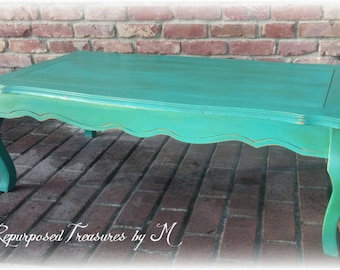 SOLD SOLD!! shabby chic coffee table! Queen anne coffee table, distressed coffee table, teal coffee table, shabby chic table,