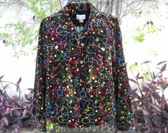 Velvety Corduroy 4th of July Fireworks jacket, by Christopher Banks, Size Large, Rivet buttons, hip pockets, Cotton and Spandex, Black