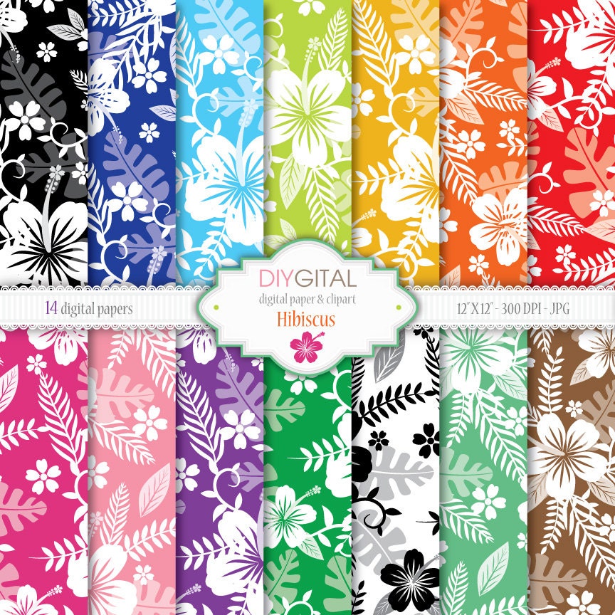 Hibiscus Colorful Hawaiian Style Digital Paper Set with