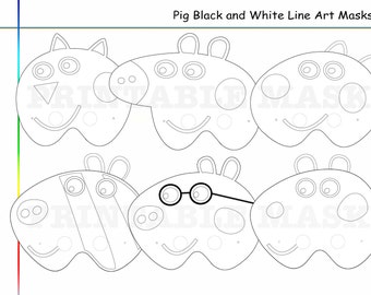 Coloring Pages Pig Printable Black and White Line Art Masks, kids costume, Diy paper mask, booth props, Peppa George, Suzie or Zoe, birthday