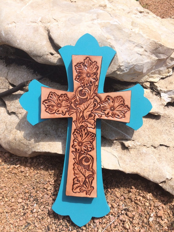 Handmade Western / Cowboy Leather and Wood Floral Cross Wall